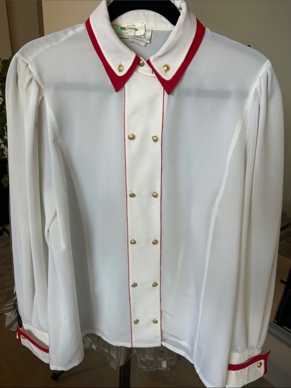 Basler Germany Classic White Button-Front Blouse with Red Trim and gold buttons.